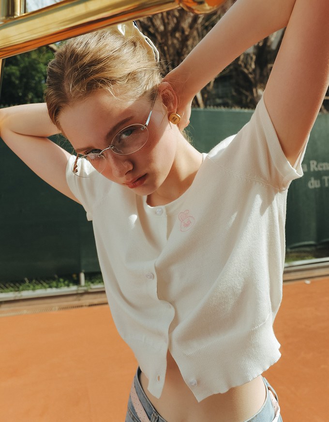 【Lyra & Toby】Embroidery Graphic Ribbed Buttoned Knit Cardigan Top