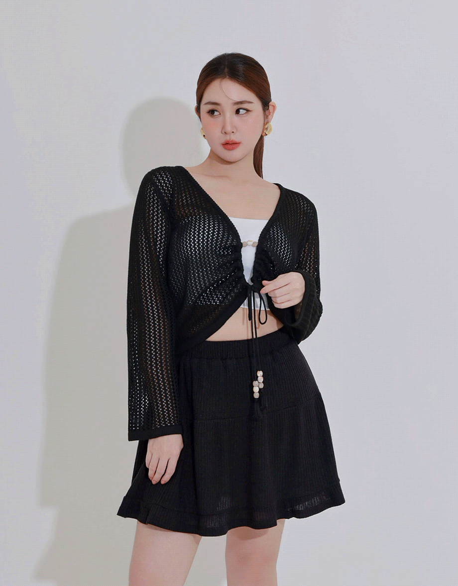 2 Way Ruched Openwork Crochet Knit Cardigan Top with Beaded Tassels