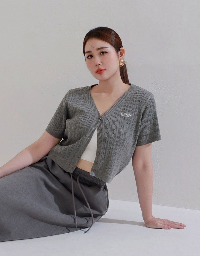 Cable Knit Cropped Cardigan Top with AIR SPACE Logo Embroidered