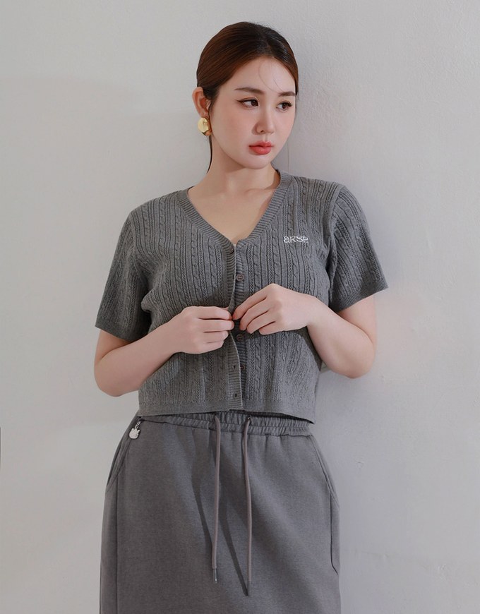 Cable Knit Cropped Cardigan Top with AIR SPACE Logo Embroidered