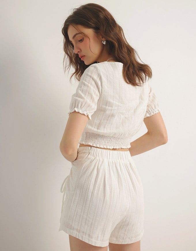Textured Stripe Ruched Side Drawstring Mini Skorts