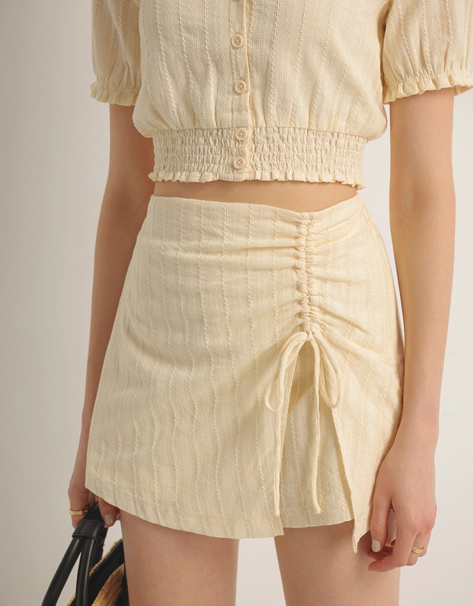 Textured Stripe Ruched Side Drawstring Mini Skorts