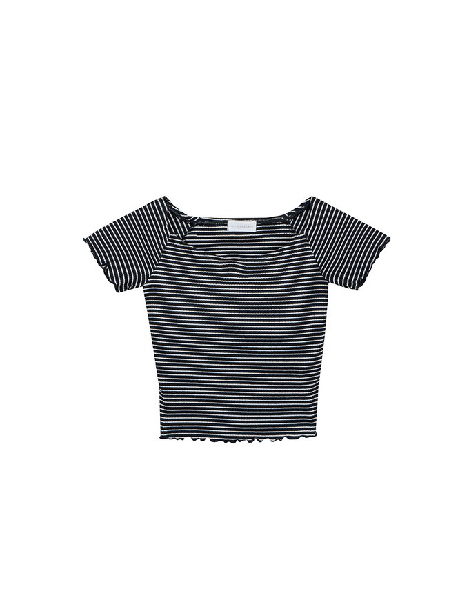 Striped Off Shoulder Lettuce Hem Padded Crop Top