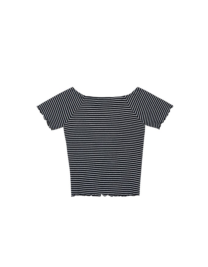 Striped Off Shoulder Lettuce Hem Padded Crop Top