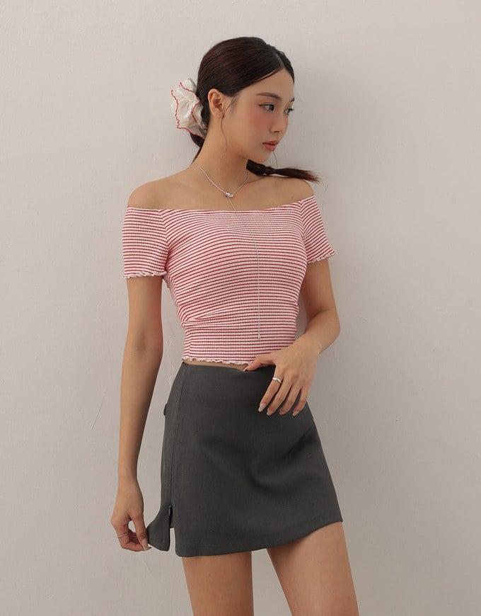 Striped Off Shoulder Lettuce Hem Padded Crop Top
