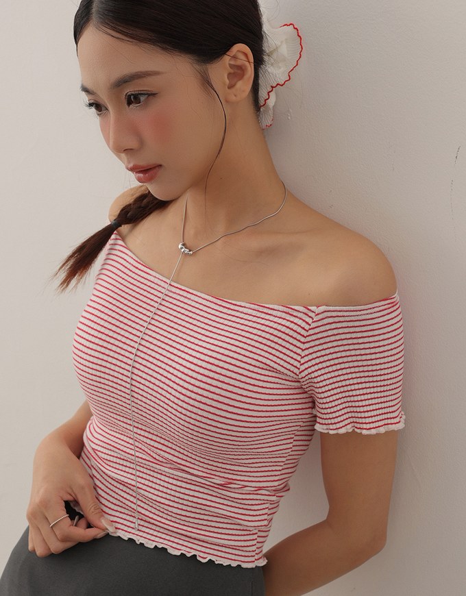 Striped Off Shoulder Lettuce Hem Padded Crop Top