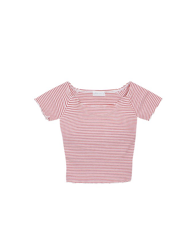 Striped Off Shoulder Lettuce Hem Padded Crop Top