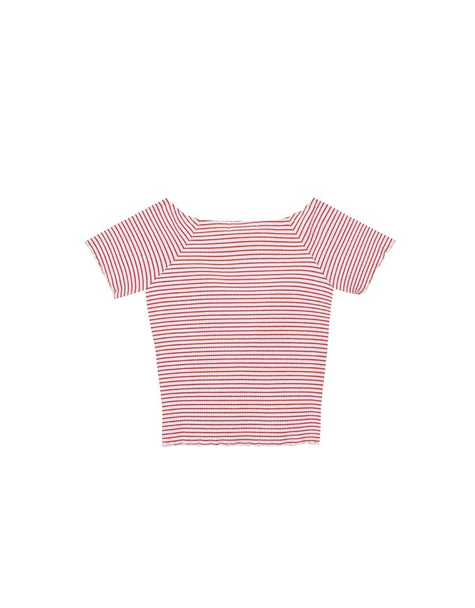 Striped Off Shoulder Lettuce Hem Padded Crop Top