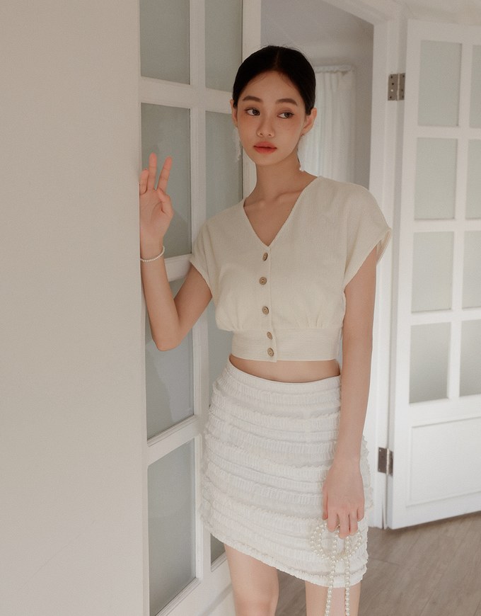 Crinkled Knit Button Front V Neck Top with Cinched Waist Detail