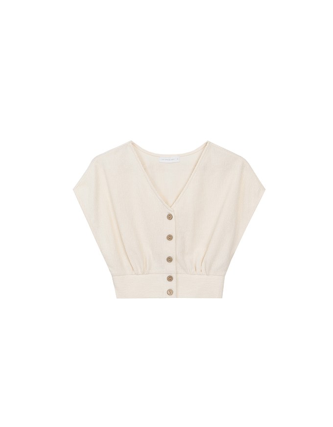Crinkled Knit Button Front V Neck Top with Cinched Waist Detail