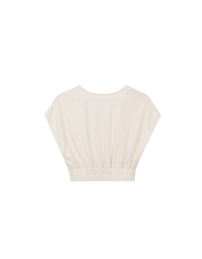 Crinkled Knit Button Front V Neck Top with Cinched Waist Detail