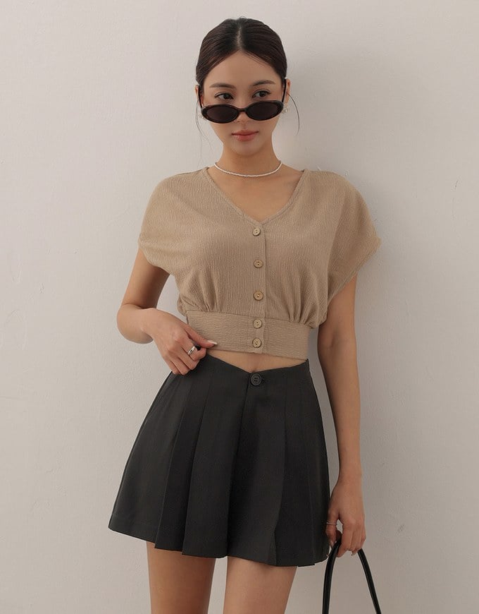 Crinkled Knit Button Front V Neck Top with Cinched Waist Detail