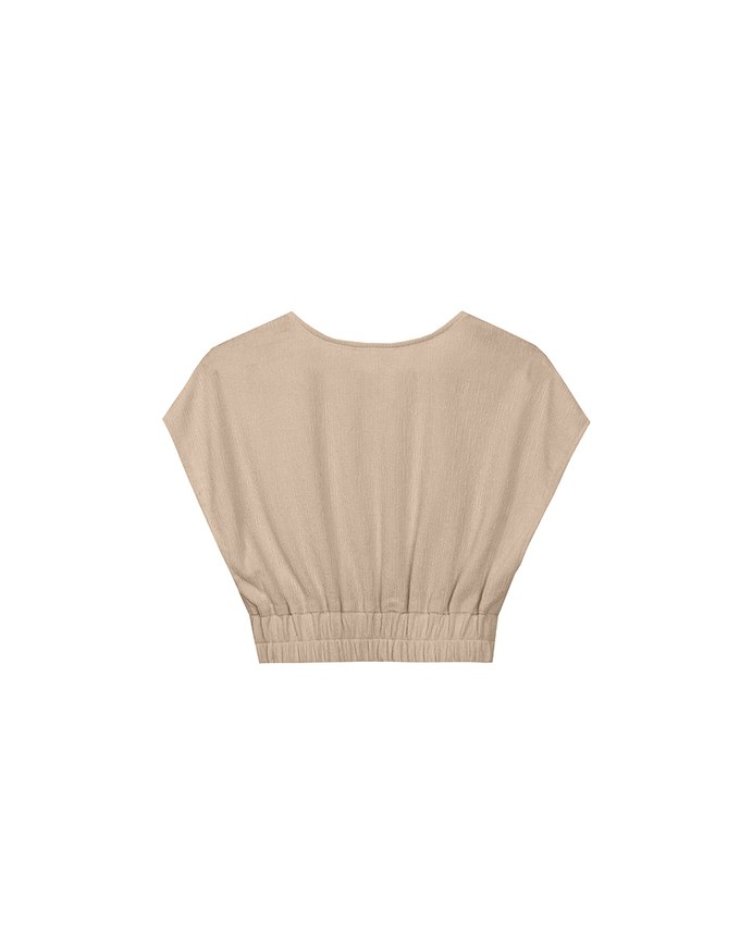 Crinkled Knit Button Front V Neck Top with Cinched Waist Detail