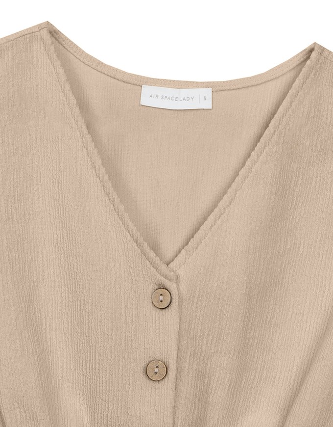 Crinkled Knit Button Front V Neck Top with Cinched Waist Detail