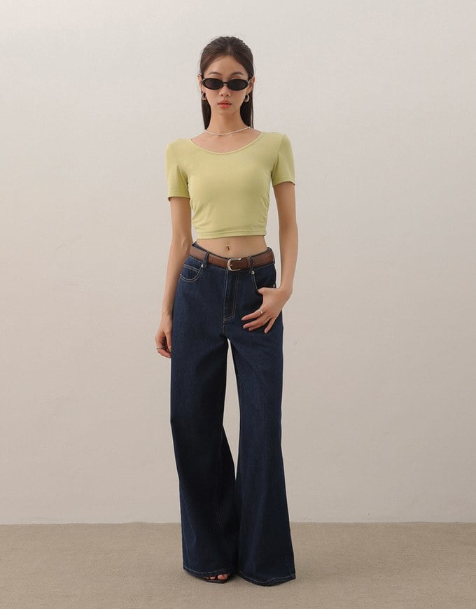 Basic Essential 2 Way Stretch Crop Tee with Side Ruching Detail