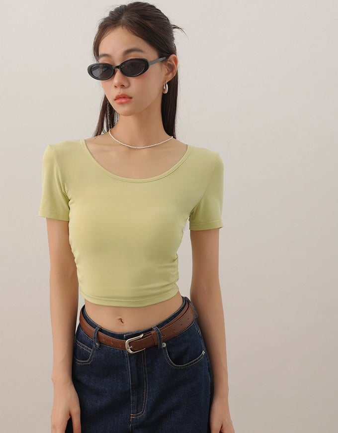 Basic Essential 2 Way Stretch Crop Tee with Side Ruching Detail