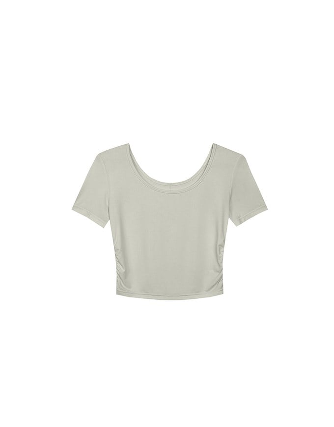 Basic Essential 2 Way Stretch Crop Tee with Side Ruching Detail
