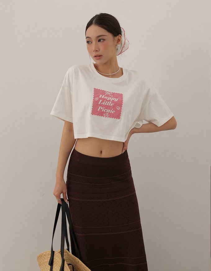Cropped Cotton Short Sleeve Top with Gingham Embroidery Patch Design