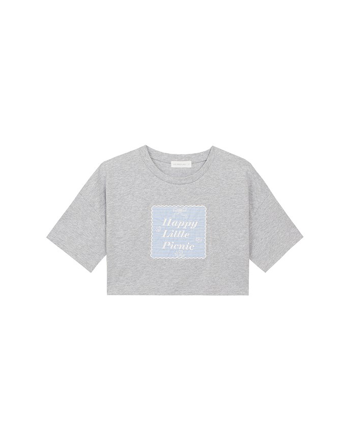 Cropped Cotton Short Sleeve Top with Gingham Embroidery Patch Design