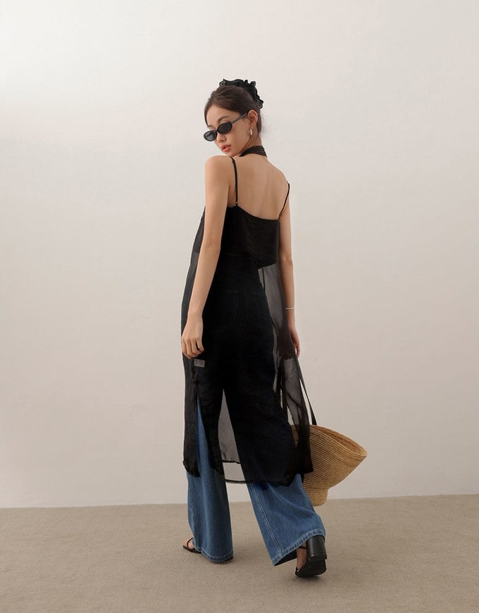 Sheer Longline Cover Up Cami Top with Side Slit Design