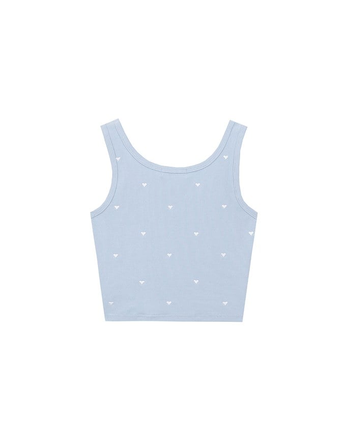 Embroidered Heart Pattern Ribbed Fitted Tank Top