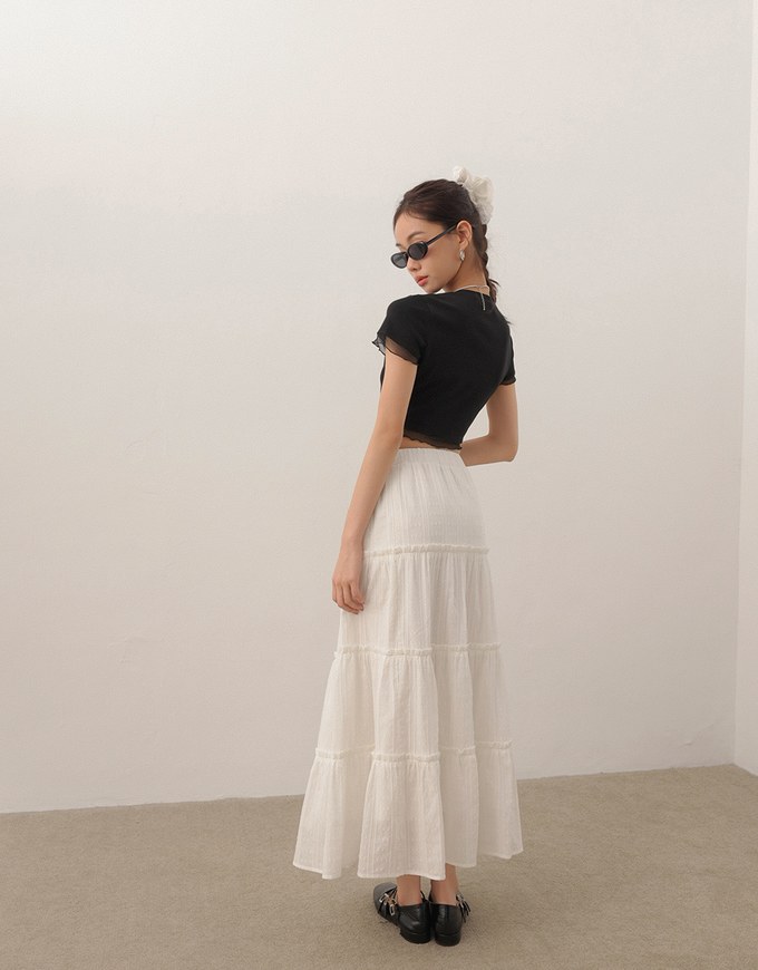 Layered Sheer Lettuce Edge Crew Neck Fitted Tee