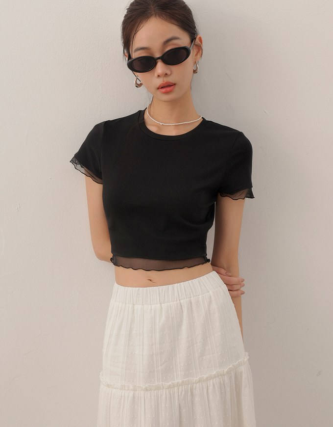 Layered Sheer Lettuce Edge Crew Neck Fitted Tee