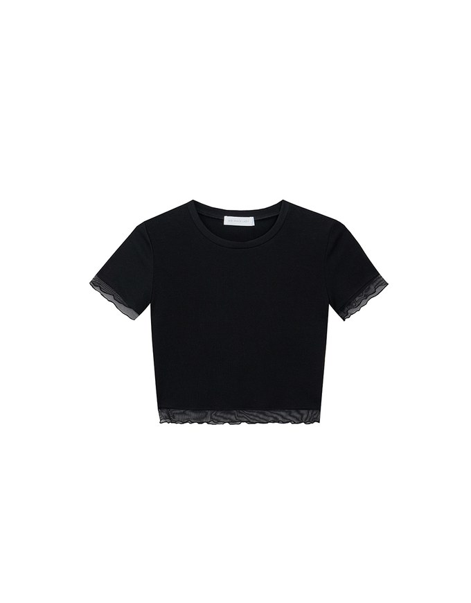 Layered Sheer Lettuce Edge Crew Neck Fitted Tee