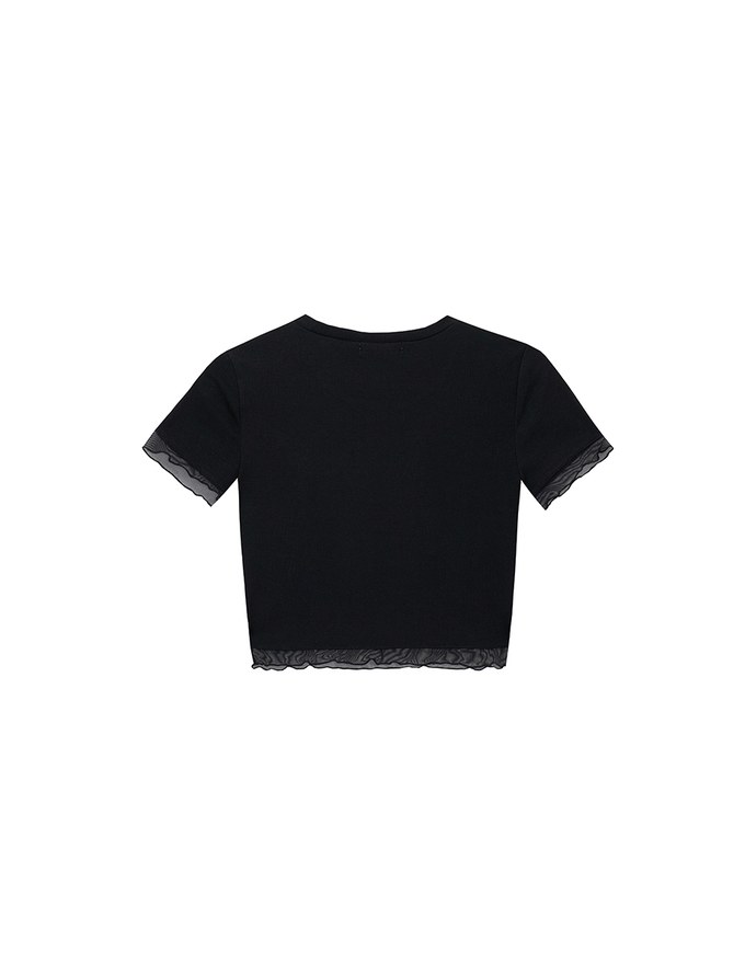 Layered Sheer Lettuce Edge Crew Neck Fitted Tee