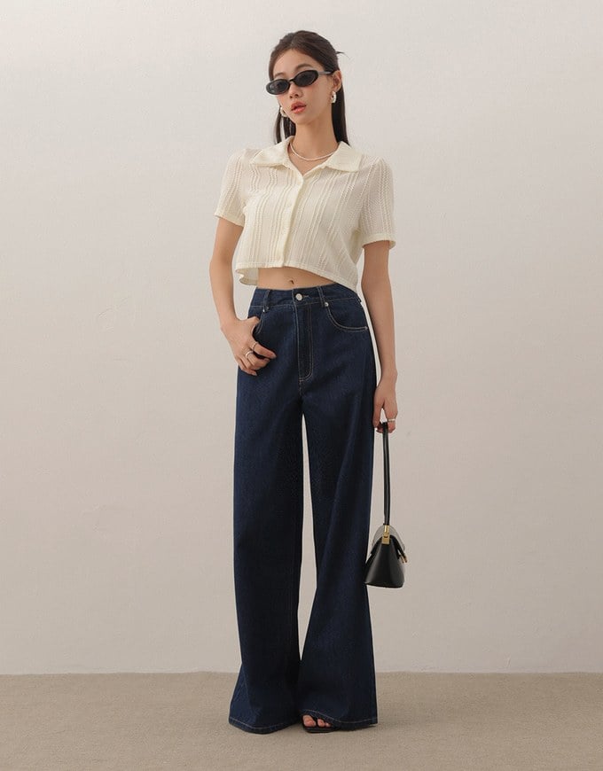 Striped Knit Collared Crop Shirt