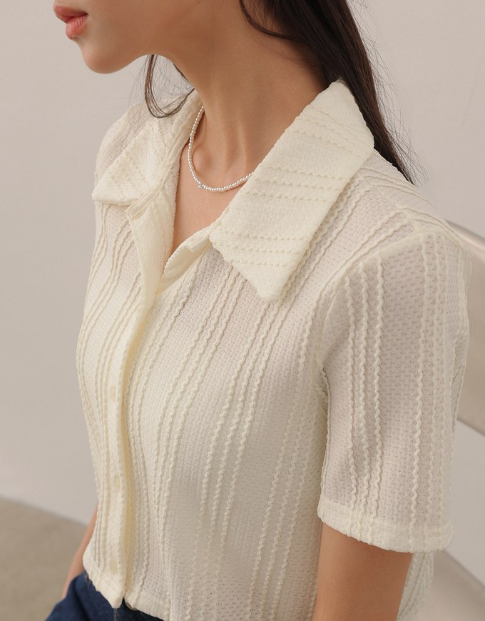 Striped Knit Collared Crop Shirt