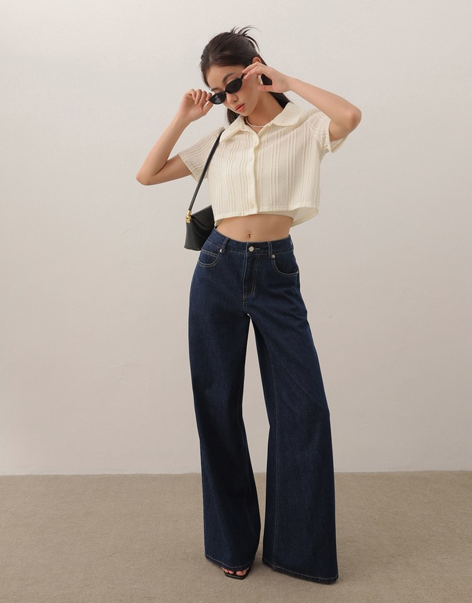 Striped Knit Collared Crop Shirt