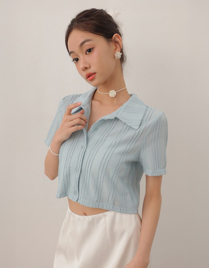 Striped Knit Collared Crop Shirt