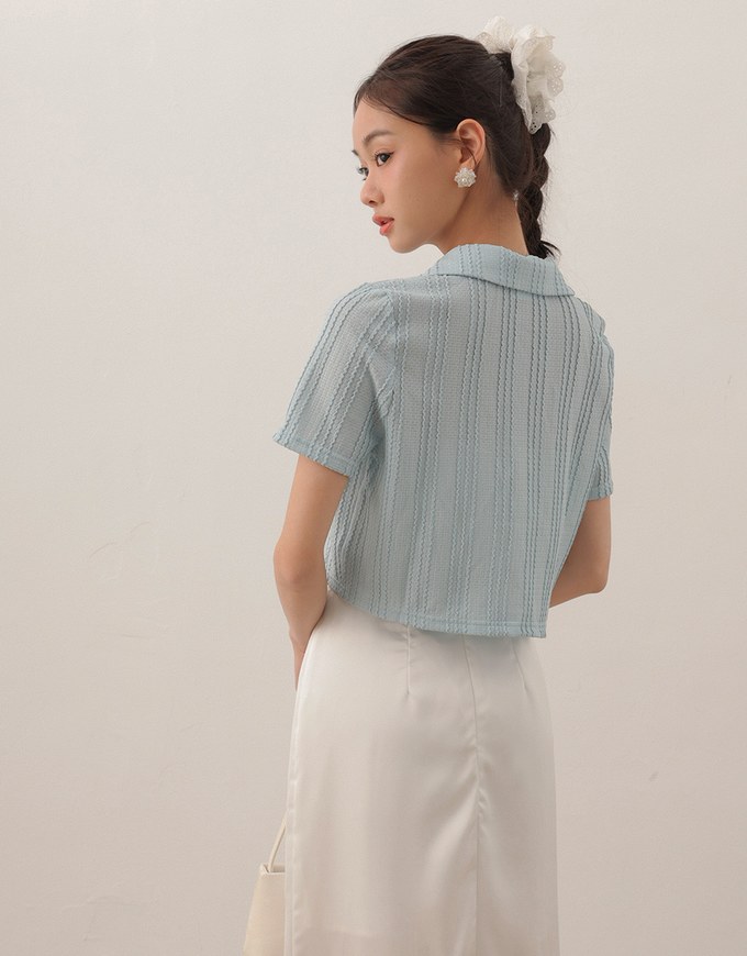 Striped Knit Collared Crop Shirt