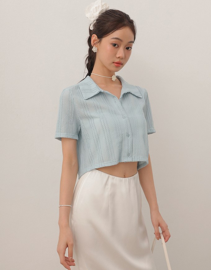 Striped Knit Collared Crop Shirt