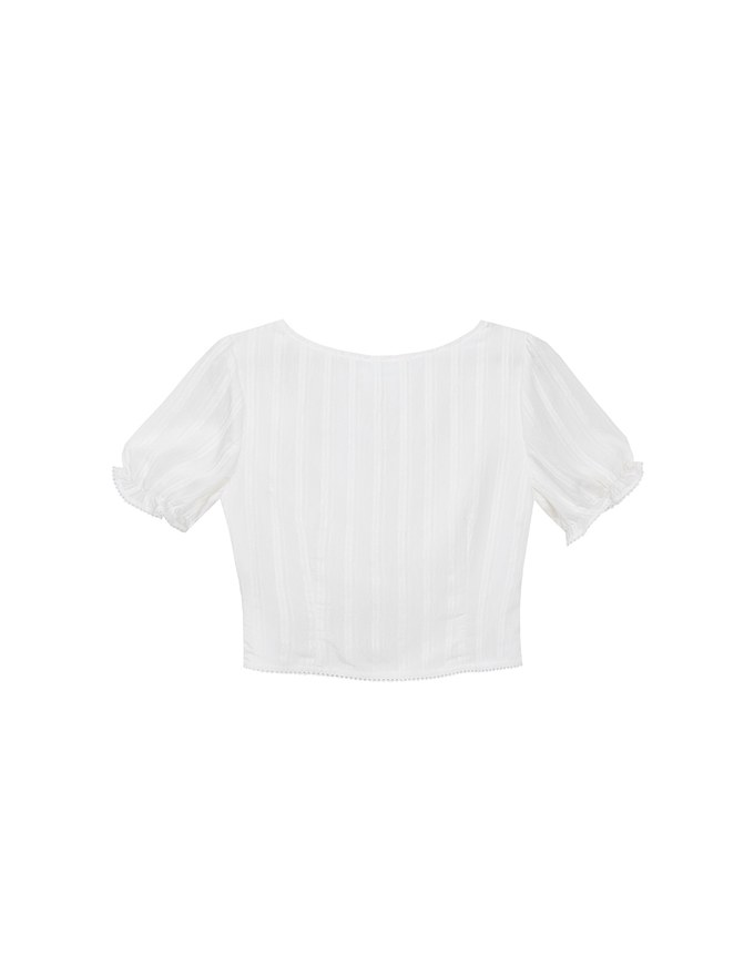 Textured Stripe Puff Sleeve Cropped Top with Decorative Buttons