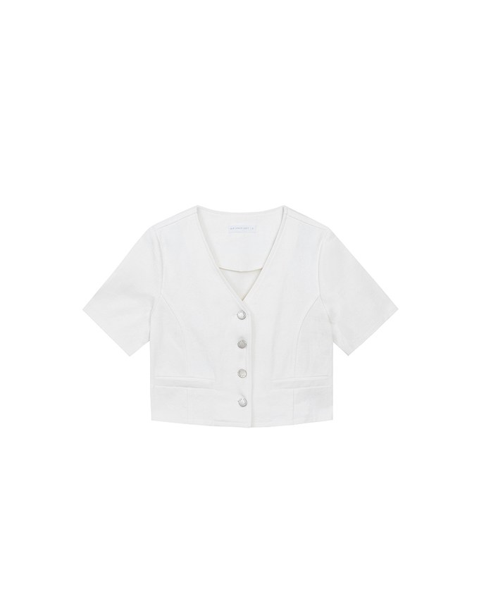 Tailored V Neck Button Front Short Sleeve Cropped Blazer Top