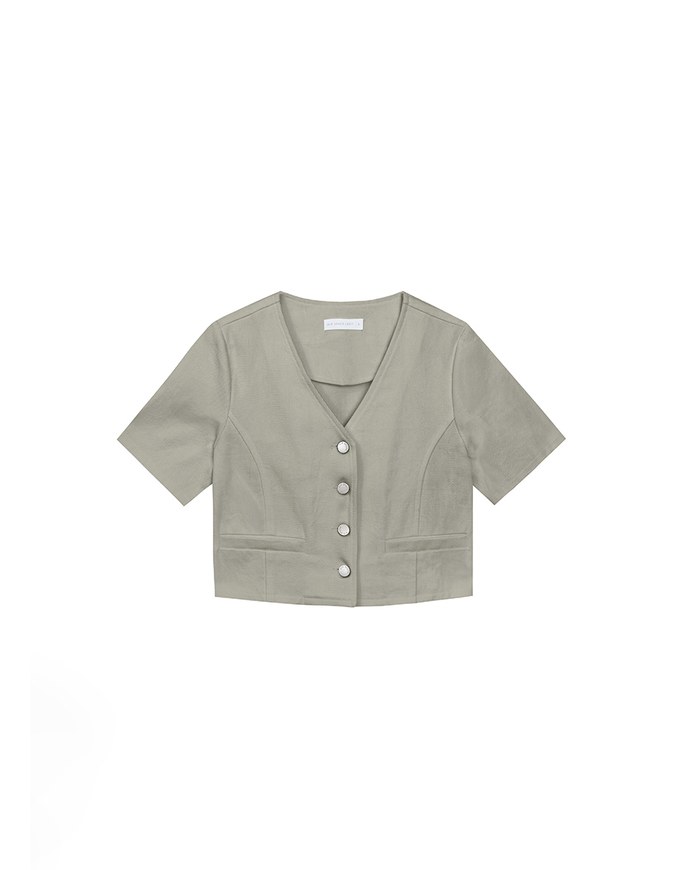 Tailored V Neck Button Front Short Sleeve Cropped Blazer Top