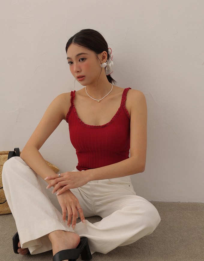 Lace Trimmed Ribbed Spaghetti Strap Padded Tank Top
