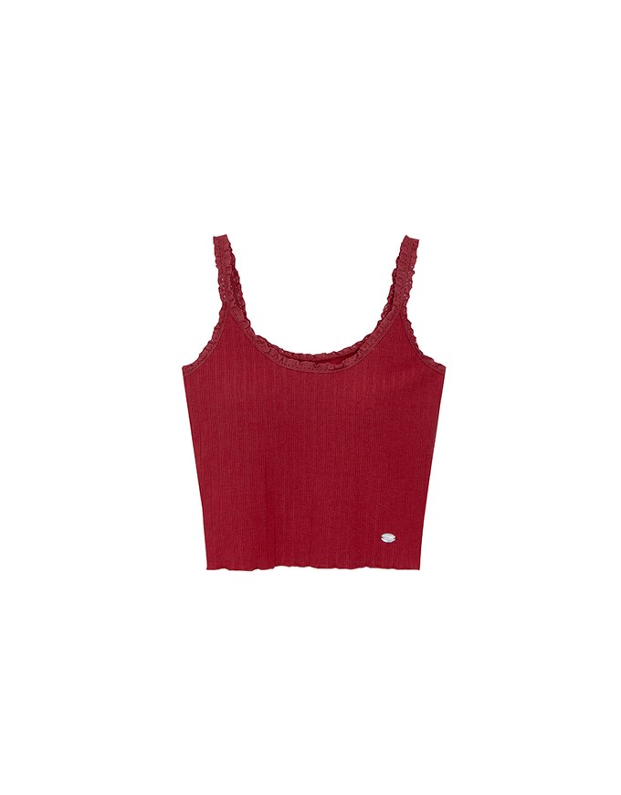 Lace Trimmed Ribbed Spaghetti Strap Padded Tank Top