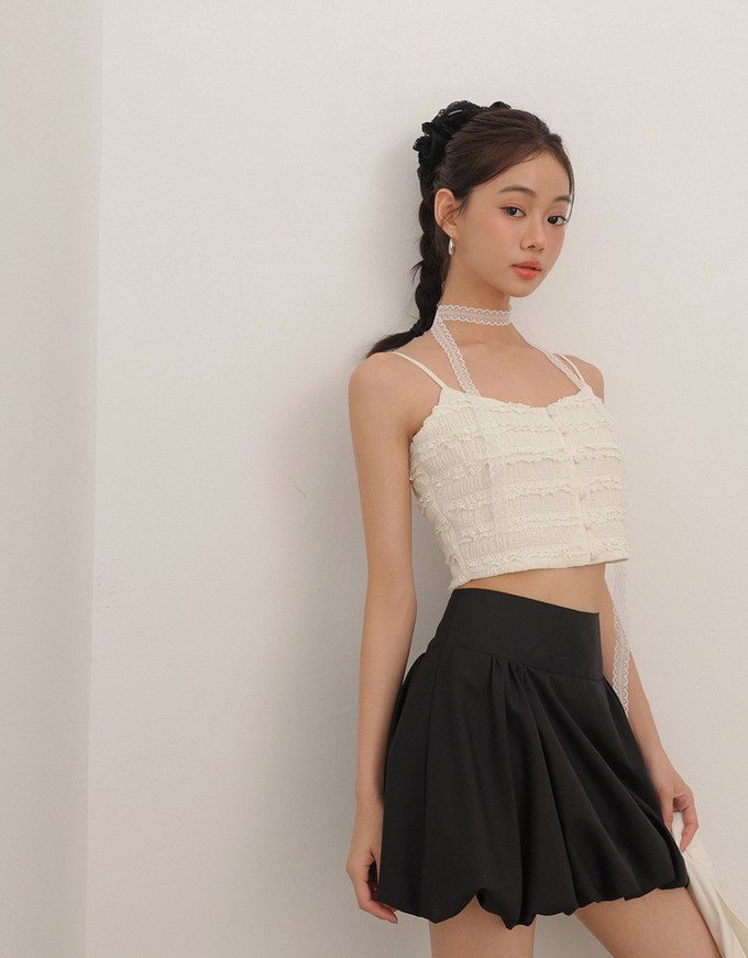Layered Ruffle Lace Trim Button Up Cropped Cami Top