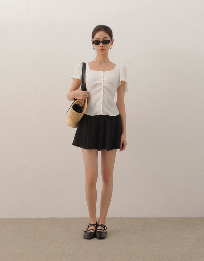 Crinkle Texture Square Neck Top with Adjustable Back Tie Detail