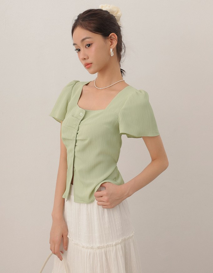 Crinkle Texture Square Neck Top with Adjustable Back Tie Detail