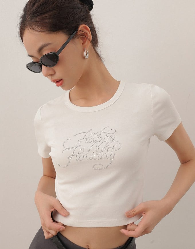 Rhinestone Lettering Embellished Slim Fit Cropped Tee