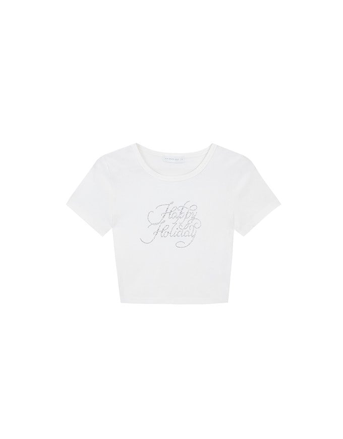 Rhinestone Lettering Embellished Slim Fit Cropped Tee