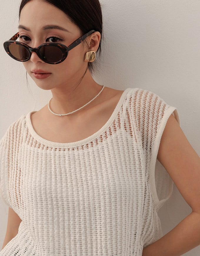 Faux 2 Piece Sleeveless Layered Mesh Top with Soft Knit Texture