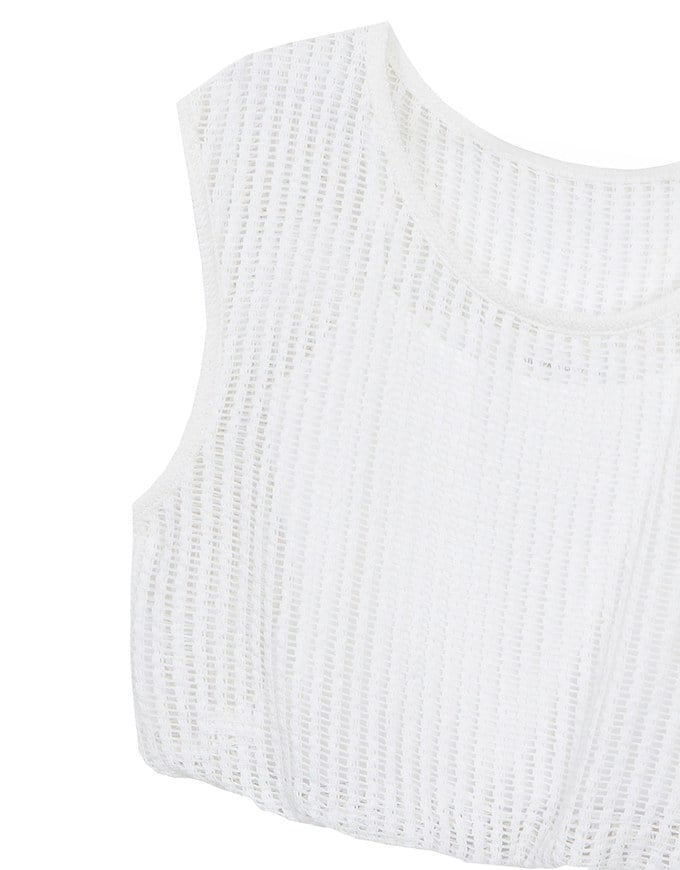 Faux 2 Piece Sleeveless Layered Mesh Top with Soft Knit Texture