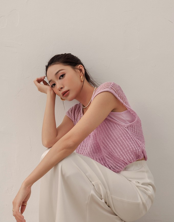 Faux 2 Piece Sleeveless Layered Mesh Top with Soft Knit Texture