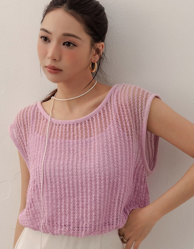 Faux 2 Piece Sleeveless Layered Mesh Top with Soft Knit Texture