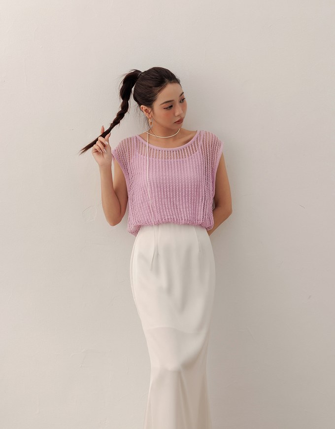 Faux 2 Piece Sleeveless Layered Mesh Top with Soft Knit Texture